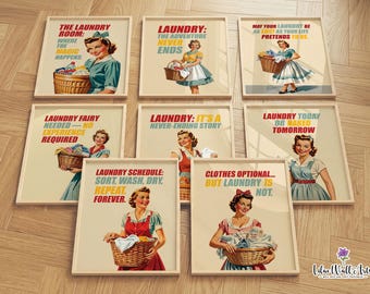 Láminas decorativas retro para la lavandería: Decoración divertida para amas de casa (Descarga digital)