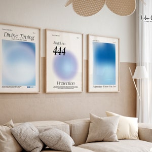 Aura Poster Set Of 3, Set Of Three Prints, Blue Aura Print Set, 444 Poster Y2k Poster, Gradient Poster Aura Collage Wall Trendy Wall Art Set