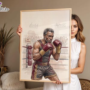 Pode incluir: Uma impressão artística retangular emoldurada com uma ilustração em estilo aguarela de um pugilista num ringue. O pugilista usa luvas e calções bordeaux e dourados com o nome MENDES na cintura. Um sinal no fundo diz RED CORNER.