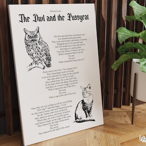 Impression poème La chouette et le minou, chouette et minou, art poétique, Edward Lear, cadeaux littéraires, art poétique, affiche littéraire, comptine