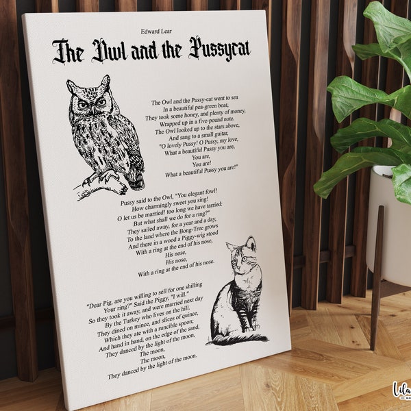 The Owl and The Pussycat Poem Print, Owl And Pussycat, Poem Art, Edward Lear, Literary Gifts, Poetry Art, Literary Poster, Nursery Rhyme