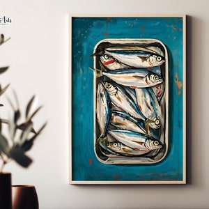 Stampa di sardine, stampa di pesce azzurro, stampa di cibo, stampa artistica di pesce, poster di sardine, poster di pesce in scatola, stampa artistica di sardine, arredamento costiero alla moda