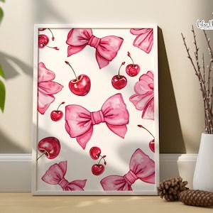 Cherry Bow Print: Coquette Pink Nursery Decor, Preppy Posters (Digital Download)