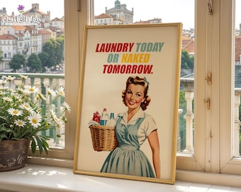 Retro Laundry print: Boho Laundry, Housewife art, Laundromat sign (Digital Download)