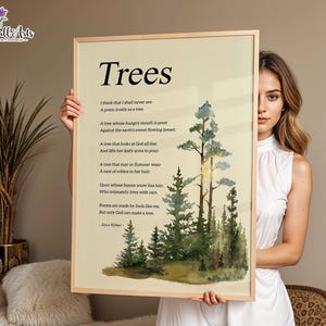 Op de afbeelding: Een ingelijste print met het gedicht "Trees" van Joyce Kilmer, met een aquarel illustratie van groenblijvende bomen. De print heeft een lichtbeige achtergrond en een natuurlijke houten lijst. De tekst is zwart.