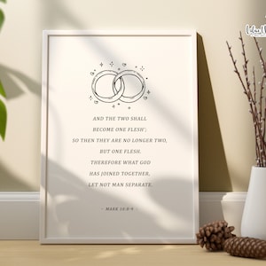 Markus 10: 8-9, christliches Paarraumdekor, christliche Hochzeitsschrift, Brautdekor, Ehebibelvers, christliches Verlobungsplakat