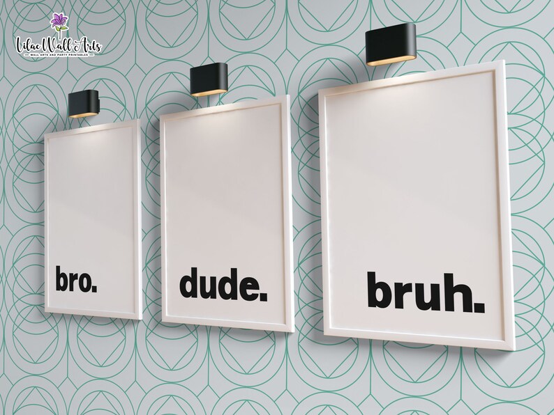 May include: Three white framed prints with black text on a teal and white geometric patterned wall. The prints read "bro", "dude", and "bruh".