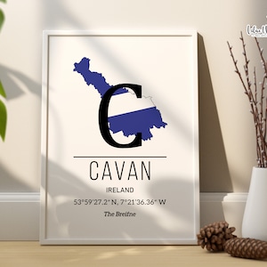 Cavan Grafschaften von Irland Poster, Gaeilge Druck Irische Karte von Irland Karte Gps Koordinaten Geschenk Irland Wandkunst Irland Druck irische Grafschaften