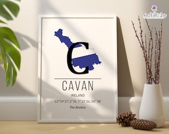 Stampa della mappa di Cavan, Irlanda: arte murale delle contee irlandesi, stampa in gaelico (download digitale)