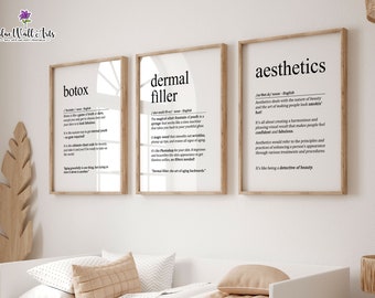 May include: Three framed prints with white backgrounds and black text. The prints are titled "botox", "dermal filler", and "aesthetics". Each print includes a definition of the word.
