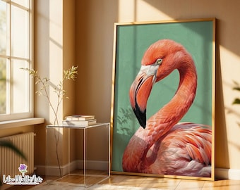 May include: A framed wall art print featuring a detailed portrait of a pink flamingo against a solid sage green background. The flamingo has vibrant coral-pink feathers, a long curved neck, and a beak with black and white coloring.