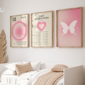 Juego de 3 pósteres rosas de afirmación, decoración de habitación con aura, decoración de habitación rosa, póster de afirmación, póster de aura rosa, juego de impresiones de aura, pared de galería rosa