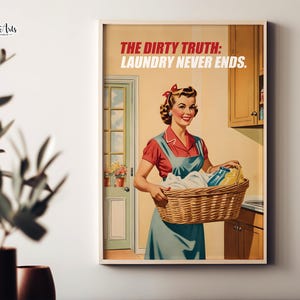 Laundry poster Retro Laundry room art Happy Housewife print Quirky housewarming gifts Retro downloadable wall art Red Retro art work