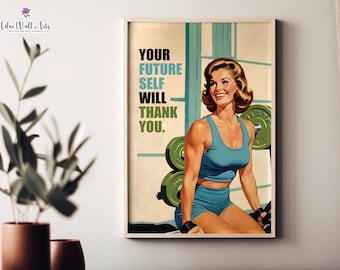 Retro poster sportschoolmeisje: vintage workoutmotivatiekunst (digitale download)