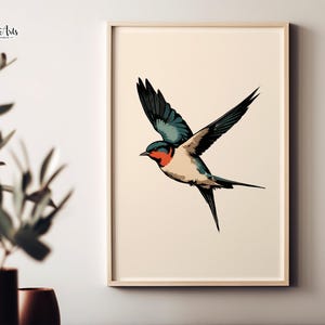 Impresión moderna de golondrina voladora, impresión de golondrina común, regalo para amantes de las aves, arte moderno bohemio, arte de pared en tonos apagados, póster de aves, arte de aves imprimible