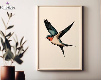 Stampa di una rondine in volo: poster di un uccello, decorazione murale boho dai toni tenui (download digitale)