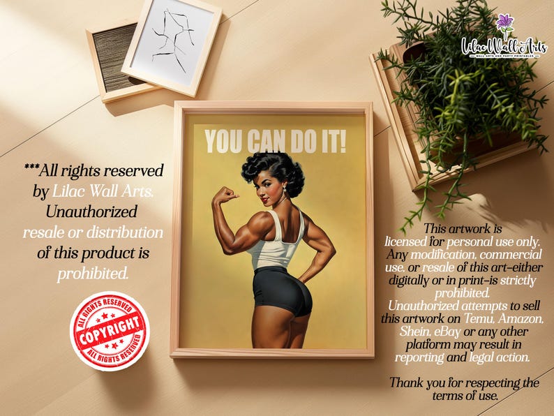 May include: A framed poster featuring a vintage-style illustration of a muscular person flexing their arm with the text YOU CAN DO IT! at the top. The person wears a white tank top and black shorts against a solid yellow background.