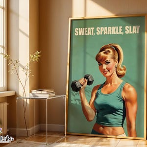 Retro Gym Girl Poster: Dumbbell Workout Art (Digital Download)