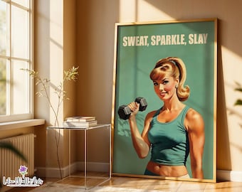 Retro Gym Girl Poster: Dumbbell Workout Art (Digital Download)
