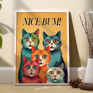 Funny Cat Print: Nice Bum, Colorful Retro Bathroom Decor, Sarcastic Animal Art (Digital Download)