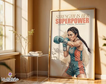 May include: A framed wall art print featuring an illustration of a boxer with braided hair wearing teal and coral athletic gear and gloves. The text reads STRENGTH IS HER SUPERPOWER and CONFIDENT. FEARLESS. UNSTOPPABLE. in a serif font.