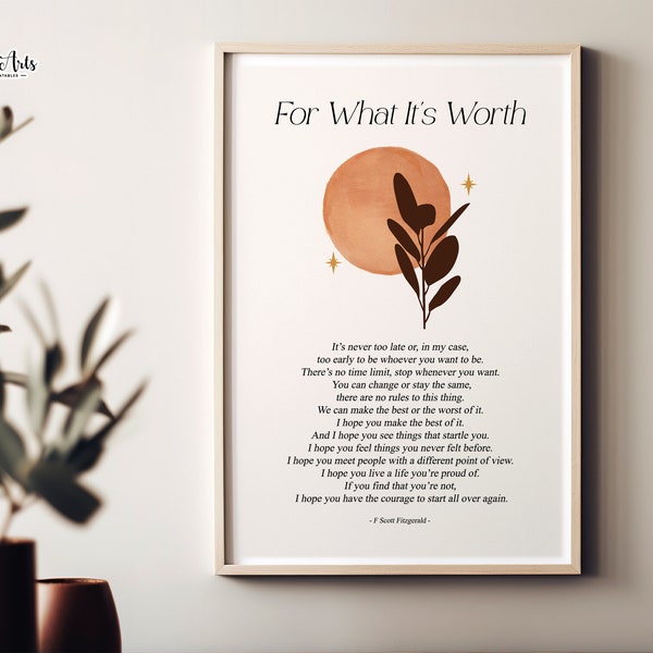 For what its worth F Scott Fitzgerald quote, boho quote print, Literary Prints, bookworm, Literary Poster, literary gifts, literary quotes,