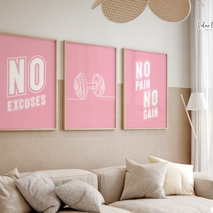 Juego de 3 pósteres rosas para gimnasio, decoración de gimnasio, regalos para chicas, arte mural para gimnasio en casa, descargas de gimnasio, regalos de gimnasio para mujeres, decoración de gimnasio, arte mural de ejercicios.