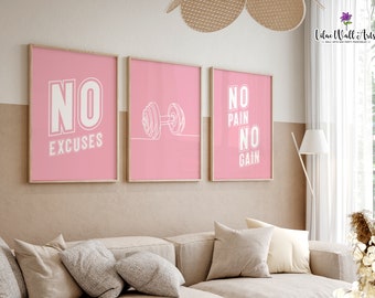 Puede incluir: Tres impresiones rosas enmarcadas con texto motivacional y una ilustración de mancuernas. La primera impresión dice "NO EXCUSES" en blanco, la segunda presenta un dibujo lineal blanco de una mancuerna y la tercera dice "NO PAIN NO GAIN". Los marcos son de madera clara.