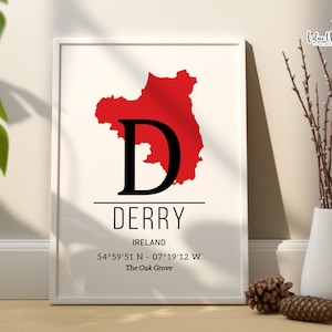 Karte von Derry Irland Karte Druck, irische Kunst, irisches Poster, irische Karte, irische Länder von Irland Wandkunst, irische Drucke, Irland Karte, Gaeilge