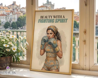May include: A framed vertical poster featuring an illustration of a boxer wearing a patterned tank top, shorts, and headscarf with matching boxing gloves. The text at the top reads BEAUTY WITH A FIGHTING SPIRIT in black and teal lettering.