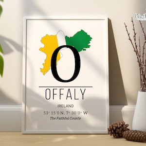 Offaly Gps-Koordinaten, Karte von Irland Print, irisches Poster, irische Drucke, Irland Karte Poster, keltische Kunst, irische Geschenke, Irland Reisegeschenk