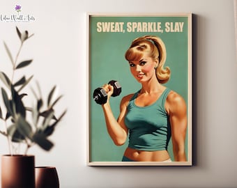 Retro Gym Girl Poster: Dumbbell Workout Art (Digital Download)