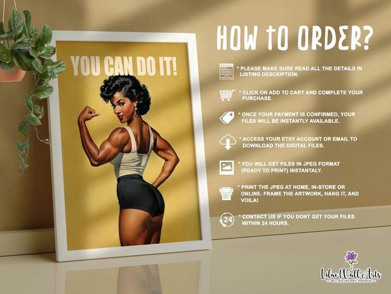 May include: A framed poster with a yellow background featuring a muscular person flexing their arm with the text YOU CAN DO IT! The right side displays instructions titled HOW TO ORDER? with icons for reading details, adding to cart, payment, downloading files, JPEG format, printing, and contacting support.