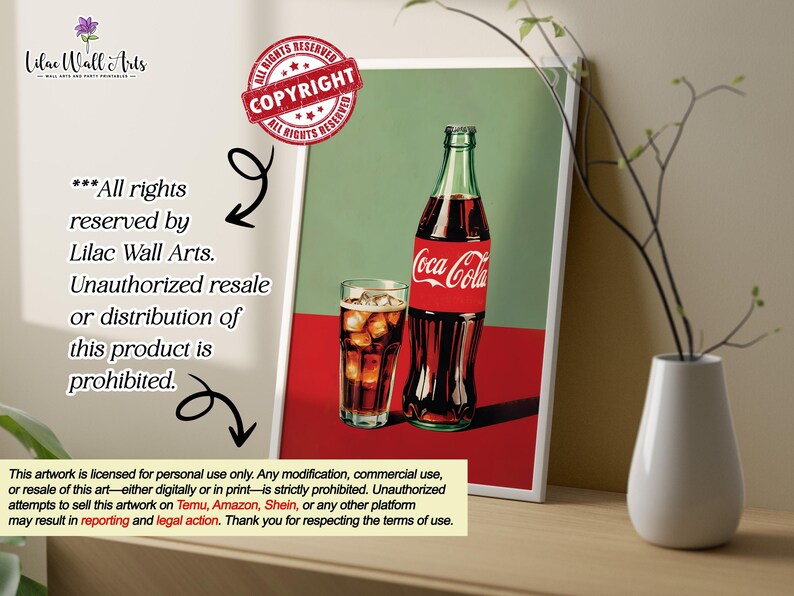 May include: A vintage-style Coca-Cola advertisement featuring a bottle and glass of Coca-Cola against a red and green background. The text "Coca-Cola" is prominently displayed on the bottle. The artwork includes a copyright notice and a statement prohibiting unauthorized resale or distribution.
