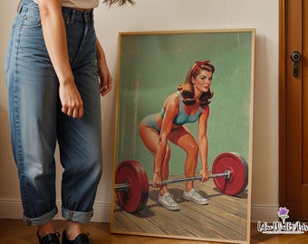 Retro Weibliche Bodybildung Print: 70s Gym Motivation Art, Home Gym Decor Gewichtheben (Digital )