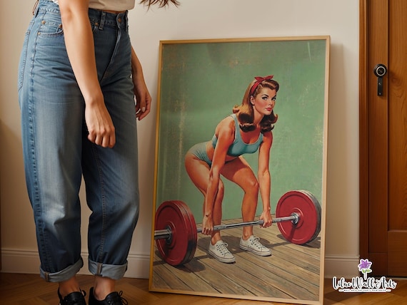 Retro Female Bodybuilding Print: 70s Gym Motivation Art, Home Gym Decor Weightlifting (Digital )