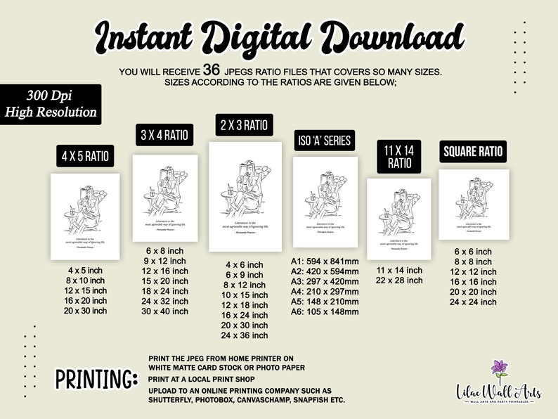 K&ouml;nnte beinhalten: Ein digitaler Sofort-Download von 36 druckbaren Bildern in verschiedenen Gr&ouml;&szlig;en und Verh&auml;ltnissen. Die Bilder zeigen eine Strichzeichnung einer Person, die an einem Tisch mit einem Getr&auml;nk sitzt. Der Text "Sofort-Download" befindet sich oben im Bild. Der Text "300 Dpi Hohe Aufl&ouml;sung" befindet sich in der oberen linken Ecke des Bildes. Der Text "DRUCKEN" befindet sich in der unteren linken Ecke des Bildes. Der Text "Lilac Wall Arts" befindet sich in der unteren rechten Ecke des Bildes.