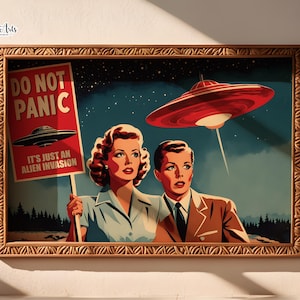 Alien poster print UFO aliens Retro UFO print Space Alien Abduct Flying Saucer Art Vintage UFO Wall Art for Hallway vintage Sci-fi Poster