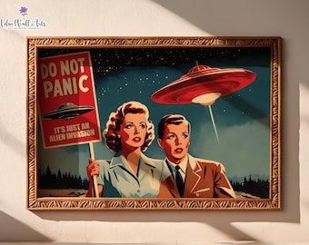 Retro UFO Poster, Vintage Sci-Fi Alien Abduction Art (Digital Download)