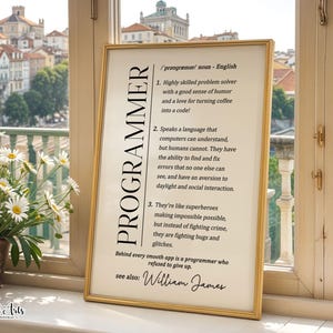 May include: A framed print with a gold border, displaying the definition of "PROGRAMMER" in black text. The definition includes humorous descriptions of programmers. The background is a light beige colour. The print is near a window with a view of a European city.