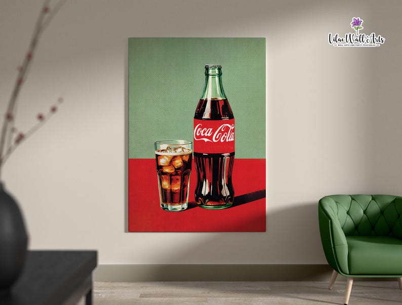 May include: A vintage-style illustration of a Coca-Cola bottle and a glass of ice-cold Coca-Cola. The bottle is red and white with the Coca-Cola logo. The glass is filled with ice and a dark brown liquid. The background is a green and red color.