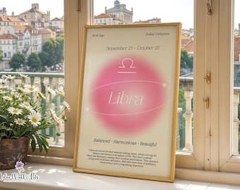 May include: A framed wall art print featuring the Libra zodiac sign. The design includes a pink aura, the Libra symbol, the text "Libra", "September 23 - October 22", "Zodiac Collection", and "Balanced - Harmonious - Beautiful" with descriptive text.