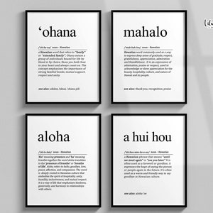 以下が含まれることがあります： ハワイ語とその定義が書かれた、白黒の印刷可能な壁掛けアートプリント4枚。単語は「オハナ」、「マハロ」、「アロハ」、「ア・ホイ・ホウ」です。