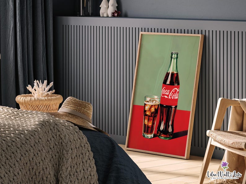 May include: A vintage-style print featuring a glass of cola with ice and a bottle of Coca-Cola. The background is a green and red color scheme.