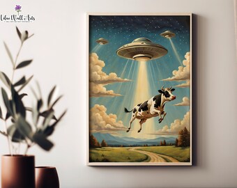 UFO-ontvoering koe Art Print: retro sci-fi grappige alien ruimteschip kunst (digitale download)