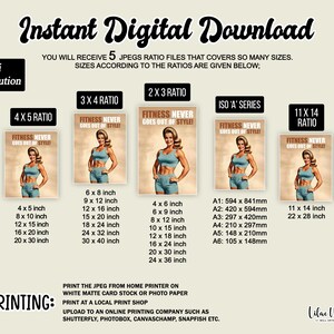Op de afbeelding: Een digitale download van vijf afdrukbare afbeeldingen met een vrouw in een retro fitness-outfit. De afbeeldingen zijn beschikbaar in vijf verschillende beeldverhoudingen: 4x5, 3x4, 2x3, ISO 'A'-serie en 11x14. De tekst op de afbeeldingen luidt: "Fitness Never Goes Out of Style!"