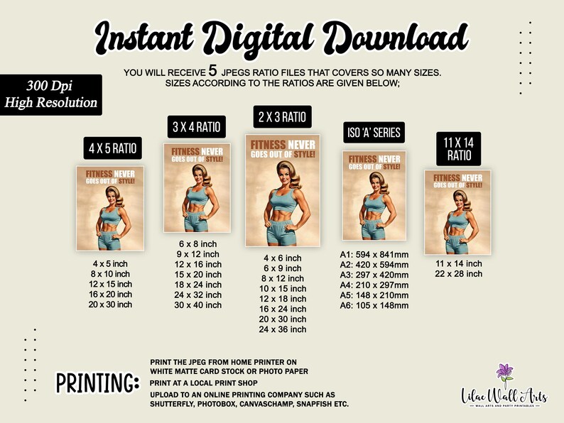 Op de afbeelding: Een digitale download van vijf afdrukbare afbeeldingen met een vrouw in een retro fitness-outfit. De afbeeldingen zijn beschikbaar in vijf verschillende beeldverhoudingen: 4x5, 3x4, 2x3, ISO 'A'-serie en 11x14. De tekst op de afbeeldingen luidt: "Fitness Never Goes Out of Style!"
