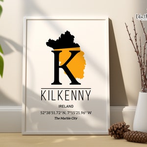 kilkenny Irland Kunst, GPS Koordinaten, Irland Poster, Irland Karte Poster, irische Karte irische Kunst, irischer Wanddruck, irischer Druck Irland