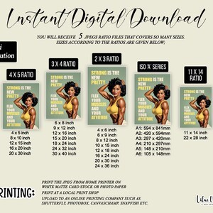 May include: A digital download set featuring a poster with a muscular person in a yellow top, text reading STRONG IS THE NEW PRETTY FLEX YOUR MUSCLES AND YOUR ATTITUDE, and various aspect ratio options including 4x5, 3x4, 2x3, ISO A, and 11x14 inches.