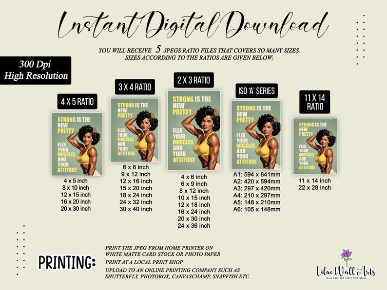 May include: A digital download set featuring a poster with a muscular person in a yellow top, text reading STRONG IS THE NEW PRETTY FLEX YOUR MUSCLES AND YOUR ATTITUDE, and various aspect ratio options including 4x5, 3x4, 2x3, ISO A, and 11x14 inches.